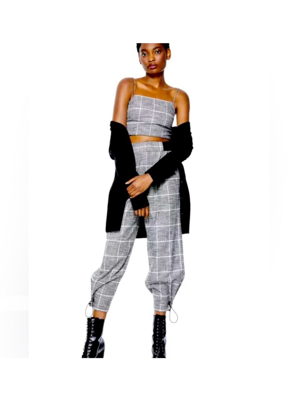 Alice + Olivia Classics Paris Plaid Toggle Joggers Black White Cropped Pants 4